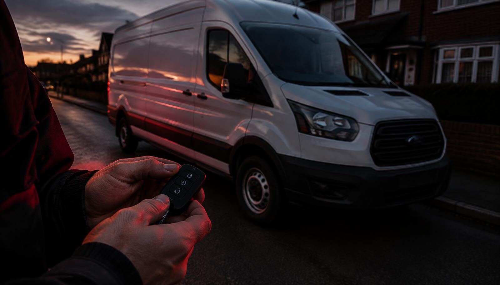 White panel van parked on an Eastleigh street with a technician holding a van key fob